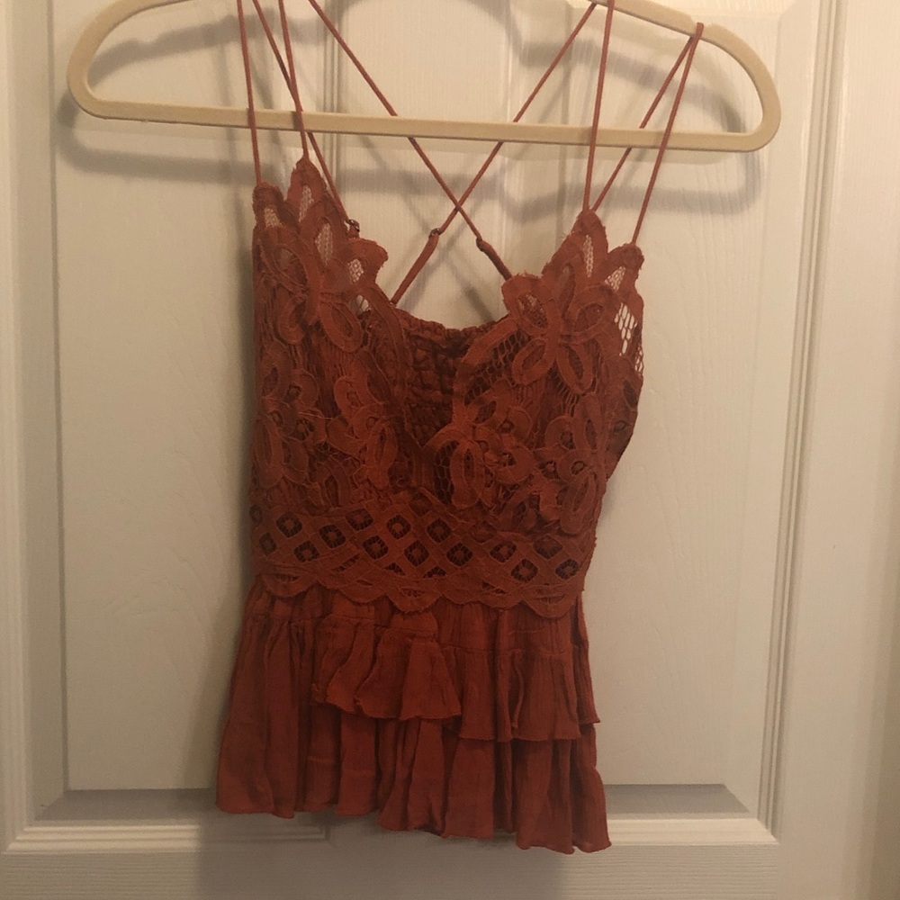 Free People Rust Floral Lace Ruffle Cami